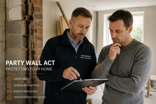 Party wall surveyor Kettering discussing extension plans with homeowner outside a UK semi-detached house.